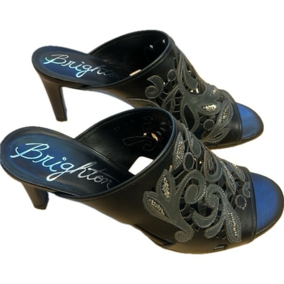 Brighton Revue Catch The Moon Black Leather Beaded Slip-On High Heel Sandals - Picture 2 of 11